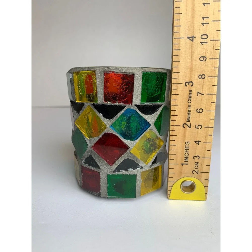 Vintage Mosaic Stained Glass Votive Candle Holder Multicolor‎ Geometric Boho